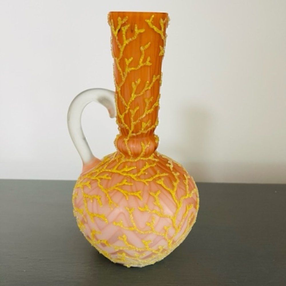Satin glass Coralene Seaweek pitcher ewer vase victorian ruby shading to pink ov